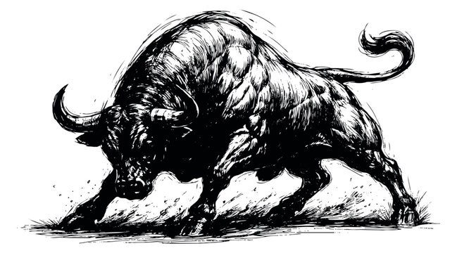 Hand drawn line art illustration of a powerful bull depicting an aggressive charge for financial market themes