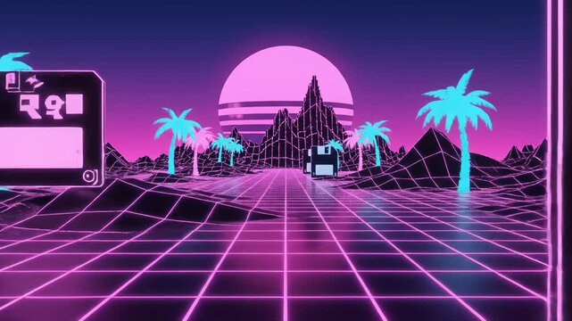 Traveling Down Retro Synthwave Grid With Palm Trees and Bust Statue