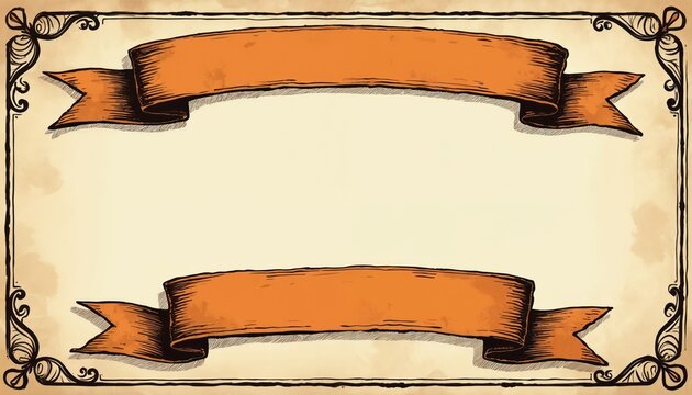 Vintage hand drawn banners and ribbons create rustic western style frame. Aged ink effect for text on cream paper background. Empty space for copy.