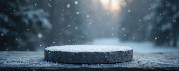 Round stone pedestal covered with snow, winter forest background. Empty display surface for product placement. Cold weather concept. Copy space.