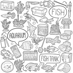 Set of vector doodles of animals and objects related to the world of aquariums.