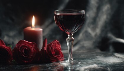 Deep red liquid in a stemmed glass stands beside a burning candle and several dark roses
