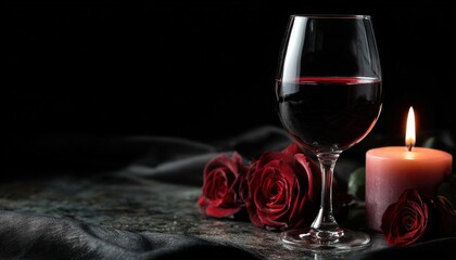 Elegant arrangement of red roses, a glass of dark beverage, and a burning candle against a dark backdrop