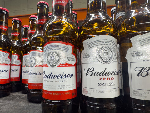 BELO HORIZONTE, MG, BRAZIL, JANUARY 06, 2026: A close-up view of several Budweiser beer bottles on a table