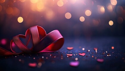 Deeply saturated satin ribbon meticulously shaped into a classic heart form rests upon a sparkling surface against a background of soft, glowing lights.