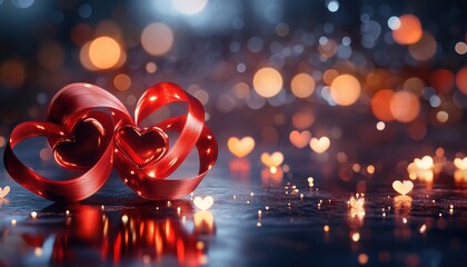 Two intertwined shiny red ribbons forming heart shapes rest on a reflective surface amidst sparkling lights