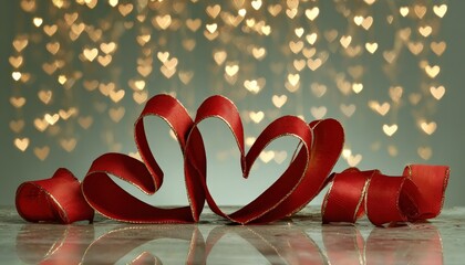 Two intertwined red ribbons form heart shapes against a backdrop of glowing heart-shaped lights