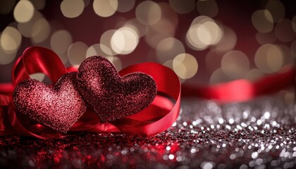 Two sparkling ruby-colored hearts rest upon a bright red satin ribbon with a glittery foreground and soft background lights.
