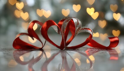 Two intertwined red ribbons shaped into hearts rest on a reflective surface with bokeh lights in the background