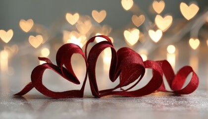 Two intertwined loops of deep red ribbon form heart shapes against a background of warm, soft lights.
