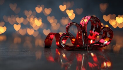 Two intertwined glass hearts rest upon a reflective surface with numerous heart-shaped lights in the background