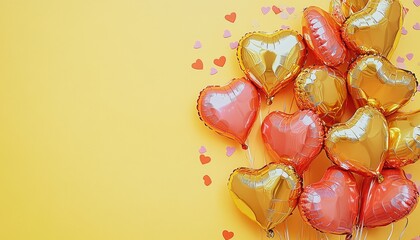 Cluster of shiny heart-shaped balloons fills the right side of a cheerful yellow background with scattered confetti