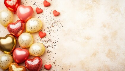 Assortment of festive heart-shaped and round balloons with sparkling accents arranged on a textured light surface