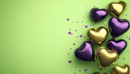 Numerous metallic heart-shaped balloons in purple and gold are scattered on a light green background