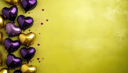 Shiny heart shaped balloons in gold and deep purple flank a textured chartreuse background