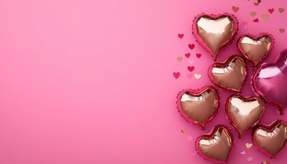 Collection of rose gold heart-shaped balloons arranged on a vibrant pink background