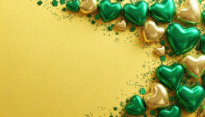 Shiny metallic heart shapes and shamrock confetti adorn a warm yellow background in a festive arrangement