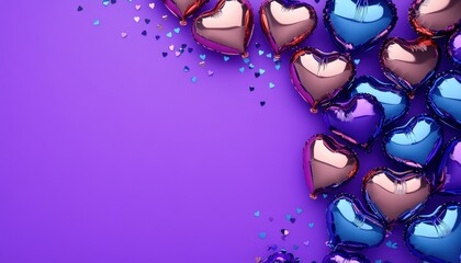 Numerous metallic heart shaped balloons and confetti scatter across a vibrant purple background