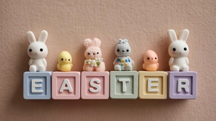 Building blocks spell Easter with miniature bunny and chick toys for fun learning and play