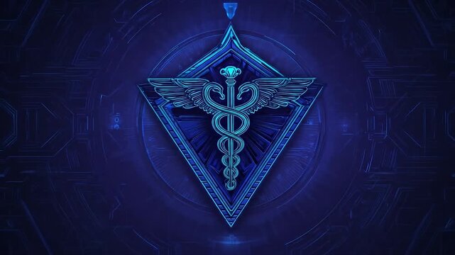 Medical emblem with wings and snake on digital surface