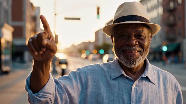 Elderly Man Smiling and Pointing Up in City Street.