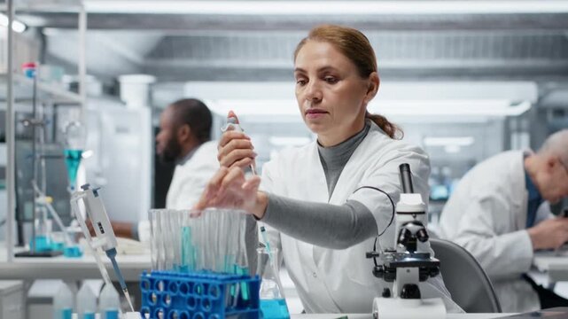 Assay development specialist in lab pipetting blue liquid into test tube to analyze it. Molecular biologist transferring chemical sample to prepare for immediate spectroscopic analysis, camera B