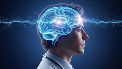 Abstract illustration of human brain activity, intelligence, and artificial intelligence, showcasing neuroscience and mental processes.