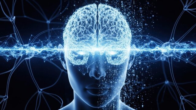 Futuristic Human Head with Glowing Brain & Neural Network Connections. AI, Data Processing, Technology & Mind Power Concept. - Powered by Adobe