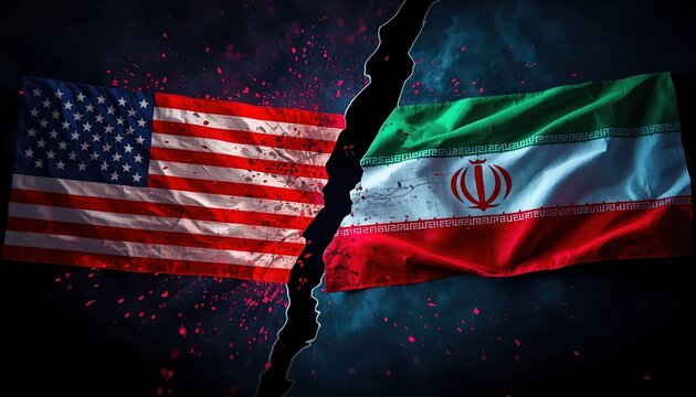 A dramatic image of the American and Iranian flags torn apart in conflict