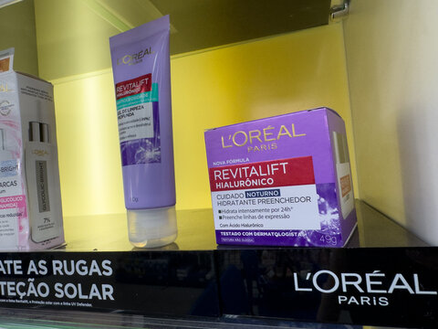 BELO HORIZONTE, MG/BRAZIL, JANUARY, 06, 2026: L'Oreal Paris skincare products on a store shelf display