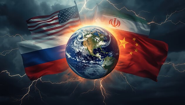A dramatic image of Earth surrounded by flags of USA, Russia, China, and Iran amidst lightning