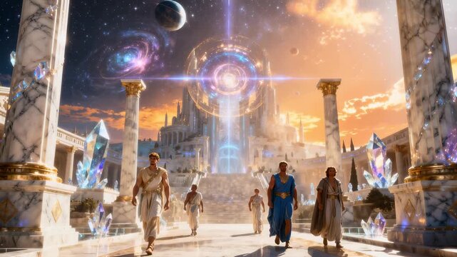 Gods of Olympus walking in the Golden Temple of Heaven Realm full of columns, surrounded by cosmic portals amd galaxies in motion