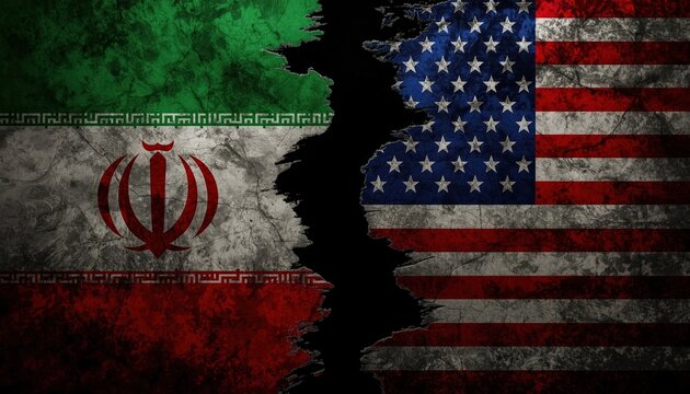 A torn flag of Iran and the United States symbolizing conflict and tension between the two nations