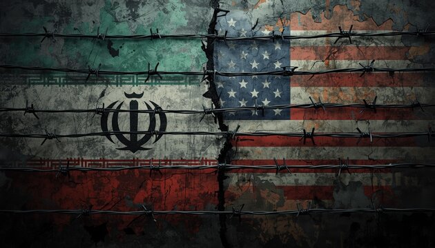 A torn and distressed image of the Iranian and American flags with barbed wire in between