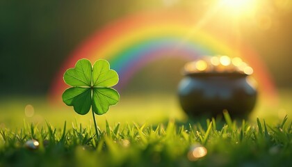 Fototapeta premium Lucky four leaf clover grows in green grass under a bright rainbow. Pot of gold coins sits in background. Sunny day on spring meadow. Nature, symbol, luck, celebration.