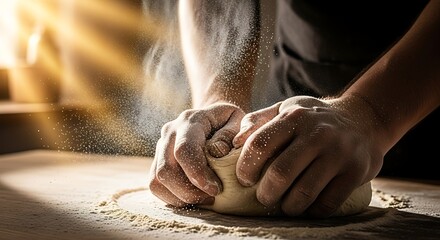 Close-up of hands kneading dough with flour on rustic wooden surface