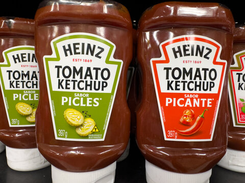 BELO HORIZONTE, MG/BRAZIL, JANUARY, 06, 2026: Heinz tomato ketchup bottles on a shelf in a store