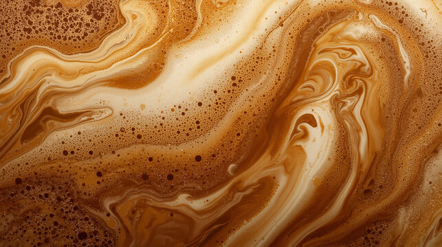 Extreme close-up macro photograph of creamy coffee foam with rich brown and caramel tones. Swirling patterns of espresso crema and milk foam create organic. 
