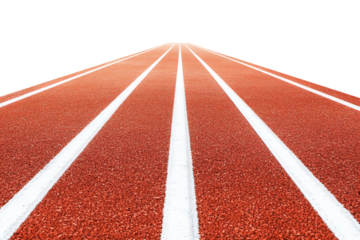 A red running track with white lines stretching into the distance, evoking a sense of speed and competition.