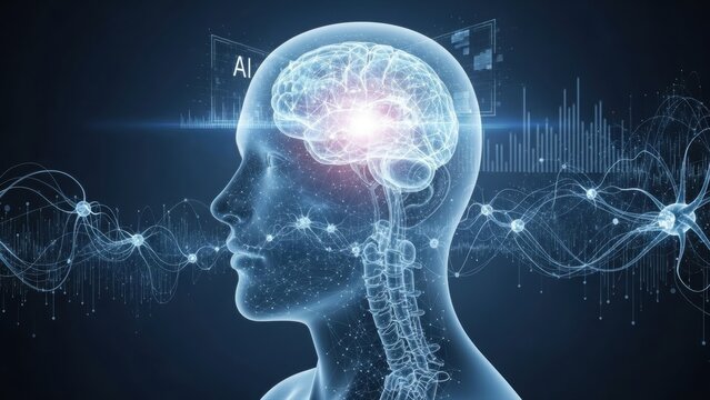 Artificial Intelligence (AI) concept with human brain, neural networks, digital data, and glowing head profile for technology and science. - Powered by Adobe
