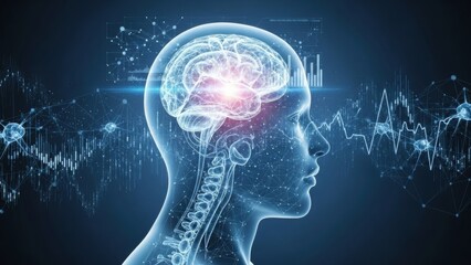 Advanced scientific visualization of the human brain, showcasing neural activity, thought processes, and artificial intelligence concepts with digital data patterns.