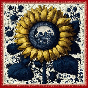 Elegant sunflower illustration blended with classic blue and white Toile de Jouy patterns and pastoral scenes.