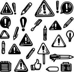 Seamless pattern set of yellow triangle warning signs and hazard symbols featuring vector icons for traffic safety and road danger alert design