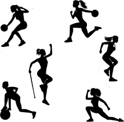 Ilustrasi vektor sekelompok atlet wanita yang sedang beraksi, menampilkan siluet hitam orang-orang yang berlari dan melompat dengan bola selama pertandingan olahraga kompetitif.