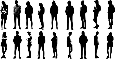 Vector illustration of a business team and fashion couple featuring a black silhouette of a man and woman walking in suits with a group of people standing in various poses