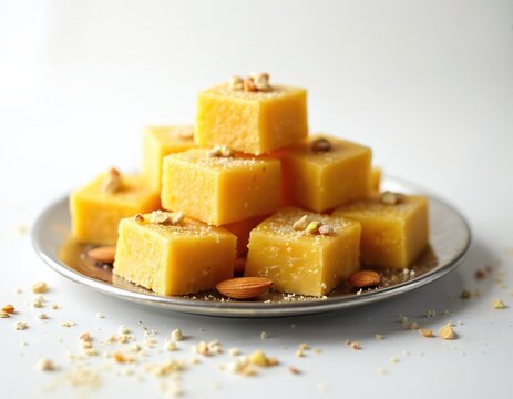 Indian sweet mysore pak squares piled on plate. Bright yellow squares garnished with nuts. Some almonds and crumbs scattered around. Traditional dessert.