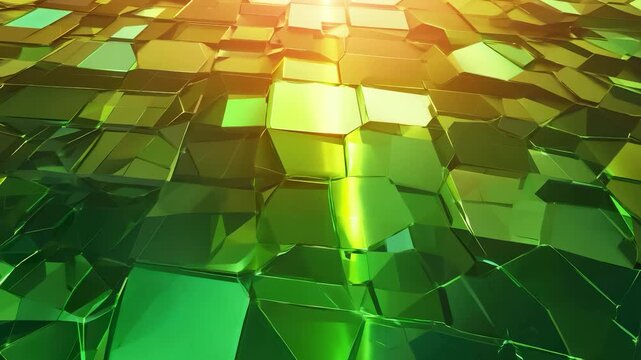 The scene features a surface with angular shapes. These angular shapes are reflective and display various shades of green with a warm light effect.
