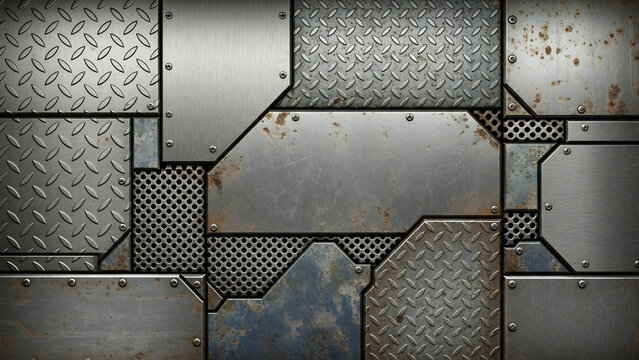 Industrial metal panel texture: metallic grids, diamond plate, and riveted steel