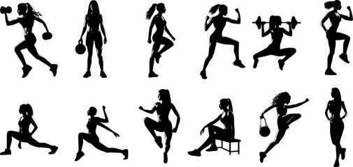 Vector silhouettes of a lady dancer and sport woman set featuring black body outlines of people in yoga poses, fitness action, and jumping dance shapes