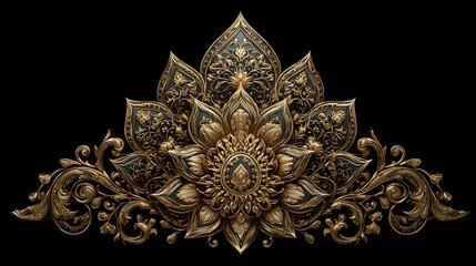 Majestic golden crown emblem with intricate filigree details on a dark background. Royal jewelry symbol for luxury branding and heraldry.